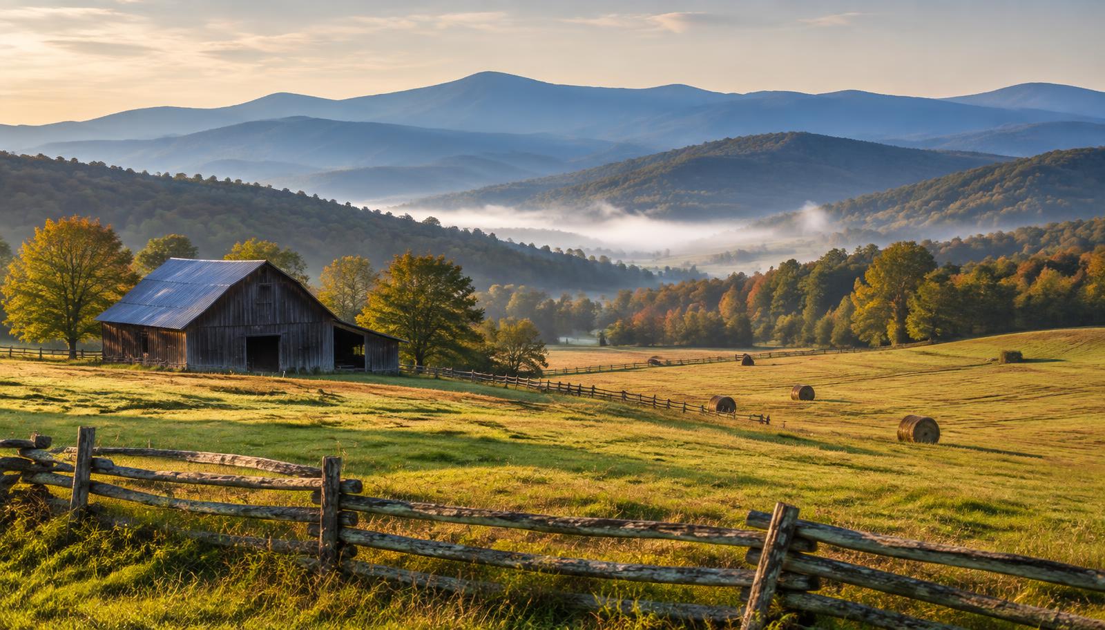 Rolling farmland and pastures in the Blue Ridge mountains of Southwest Virginia